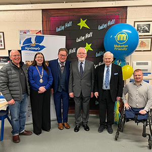 Pictured left to right: The High Sheriff of Belfast, Councillor John Kyle; Deputy Lord Mayor of Belfast, Councillor Michelle Kelly; Makaton Regional Tutor Grant Wetherall; Ledley Hall Committee Member Reggie Morrow; Ledley Hall Chairman Harold Jacobs; and Andy Allen MLA.