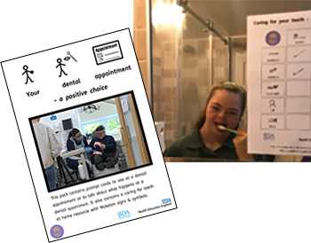 Cover of Your Dental Appointment, and a phoo of a girl brushing her teeth, with one of the Makaton prompt cards stuck on the bathroom mirror