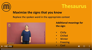 Screenshot showing a video of the sign for Cold, and a list of synonyms: chilly, chilled, winter, freezing, cool