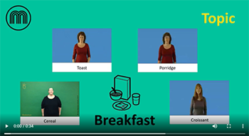 Screenshot of the topic Breakfast, with the symbol for Breakfast, and videos of the signs for Ceraeal, Toast, Porridge and Croissant