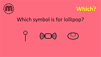 Screenshot showing the question 'Which symbol is for lollipop?' and the symbols for lollipop, sweet, and doughnut