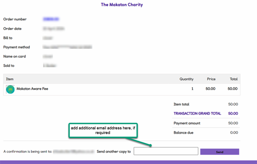 Screenshot of checkout process, highlighting the 'Send another copoy' to email firld